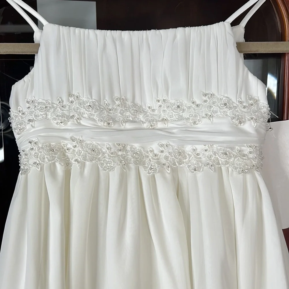 David's Bridal Girls Ivory Beaded Empire Waist Formal Dress - Picture 3 of 9